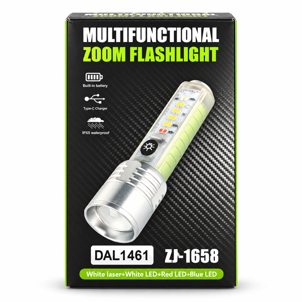 Linterna LED Recargable ZJ-1658 con Zoom y Luz Lateral Multicolor – USB-C