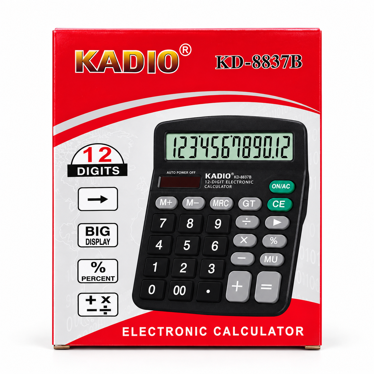 Calculadora Electrónica KADIO KD-8837B de 12 Dígitos con Pantalla Grande