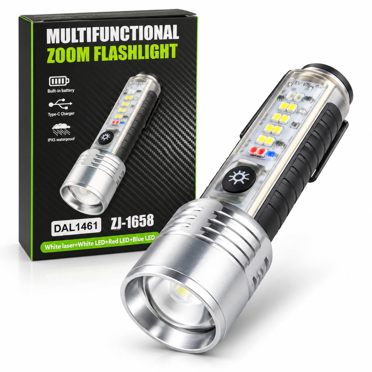 Linterna LED Recargable ZJ-1658 con Zoom y Luz Lateral Multicolor – USB-C