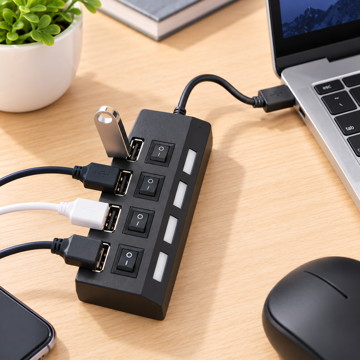 Hub USB 2.0 de 4 Puertos con Interruptores Individuales – Multiplicador USB