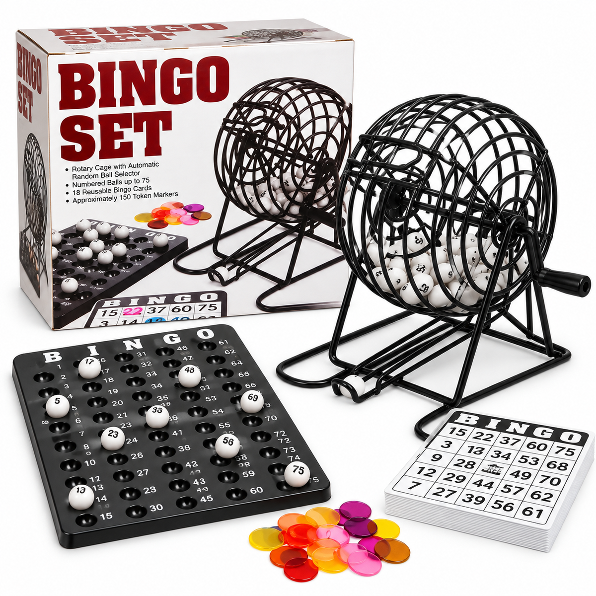 Juego de Bingo Familiar con Balotera Metálica y 18 Cartones