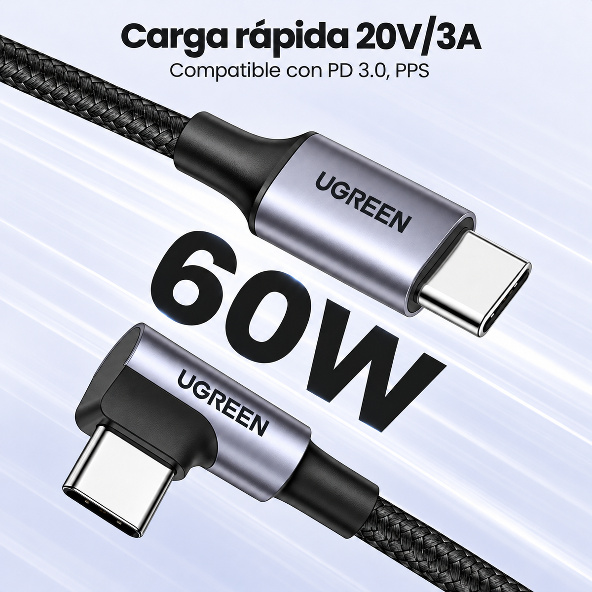 Cable UGREEN USB-C a USB-C 60W de 2 Metros con Conector en L de 90° – Trenzado Reforzado