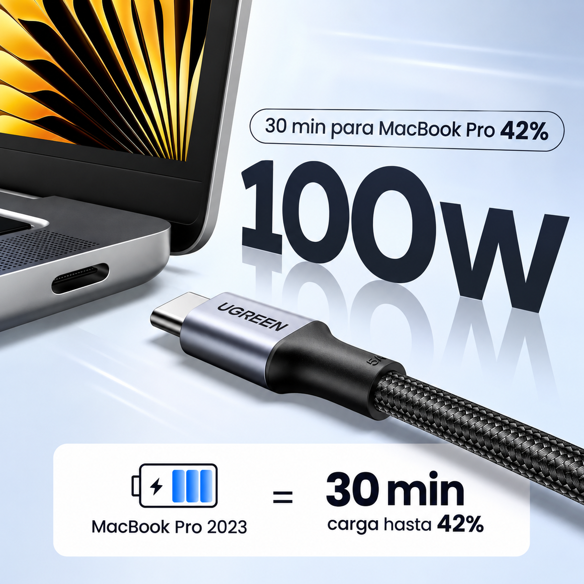 Cable UGREEN USB-C a USB-C 100W 5A de 2 Metros – Carga Rápida y Diseño Trenzado