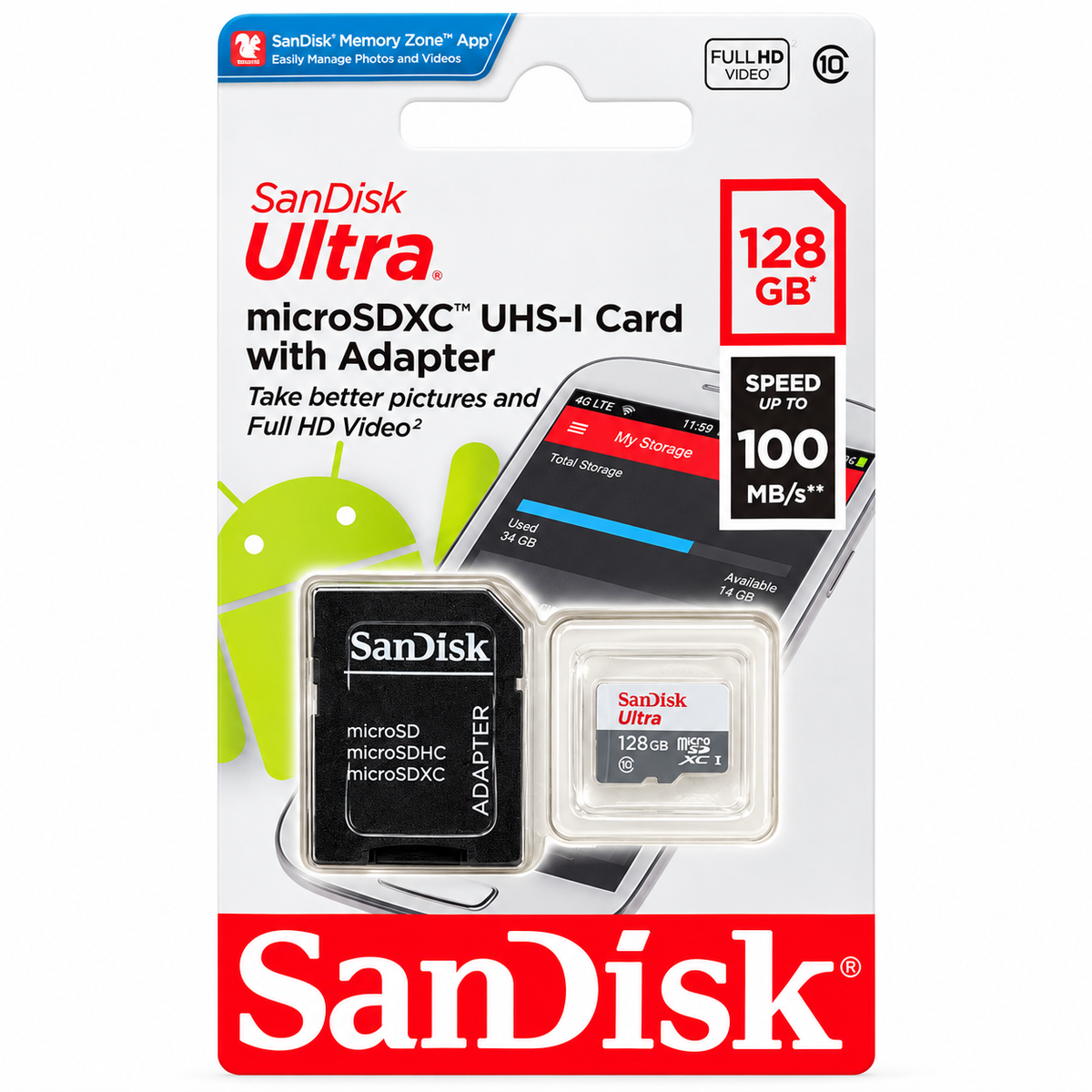 Memoria MicroSD SanDisk Ultra 128GB Clase 10 UHS-I con Adaptador – Hasta 100 MB/s