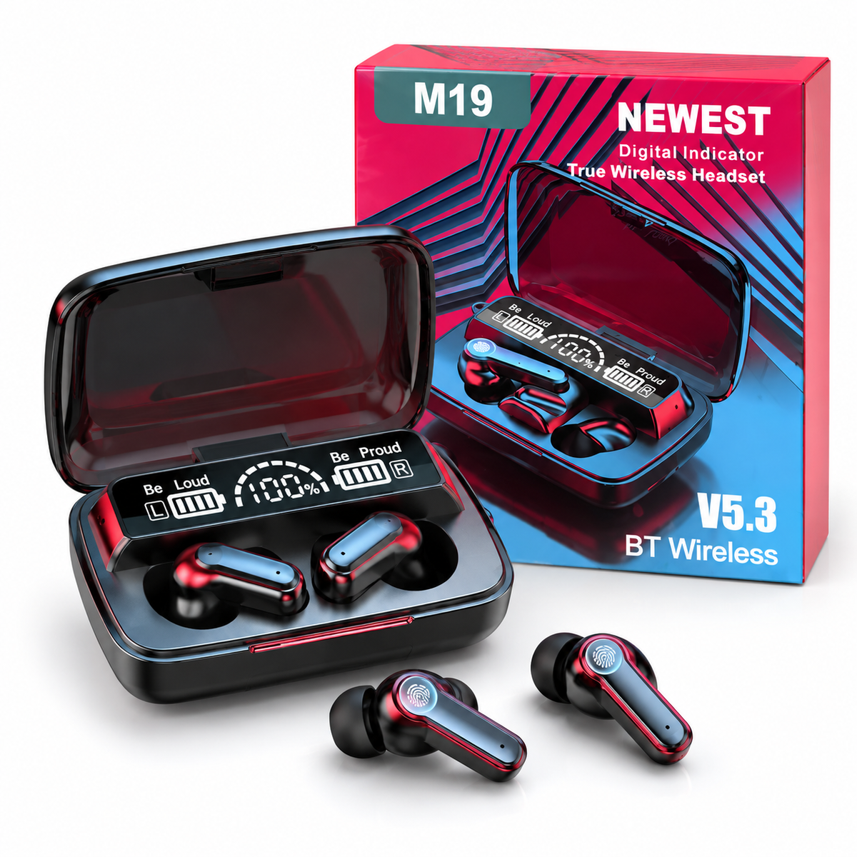 Audífonos Bluetooth 5.3 M19 Inalámbricos TWS con Estuche de Carga y Pantalla LED