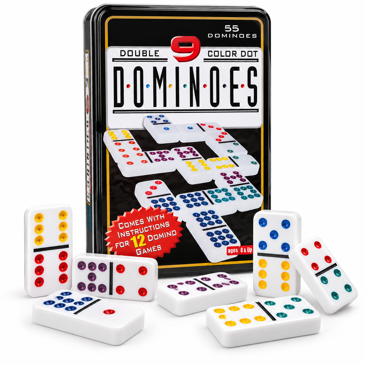 Juego de Dominó Doble 9 de 55 Fichas con Puntos de Colores y Estuche