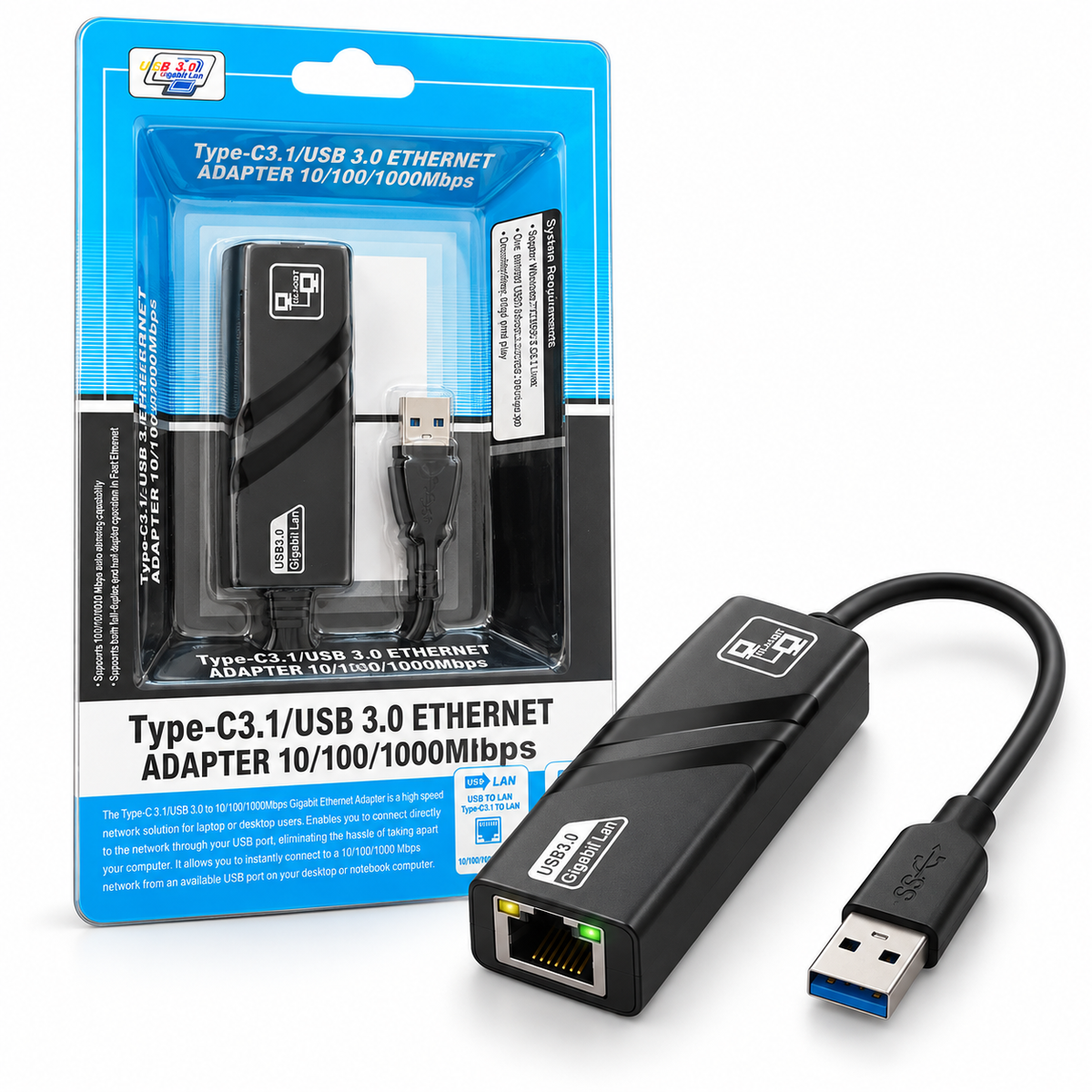 Adaptador USB 3.0 a Ethernet RJ45 Gigabit 100 Mbps para Computador