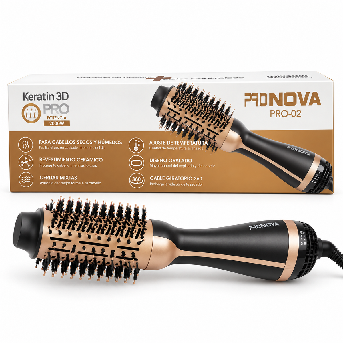 Cepillo Secador de Cabello Keratin 3D PRO-02 de 2000W con Revestimiento Cerámico