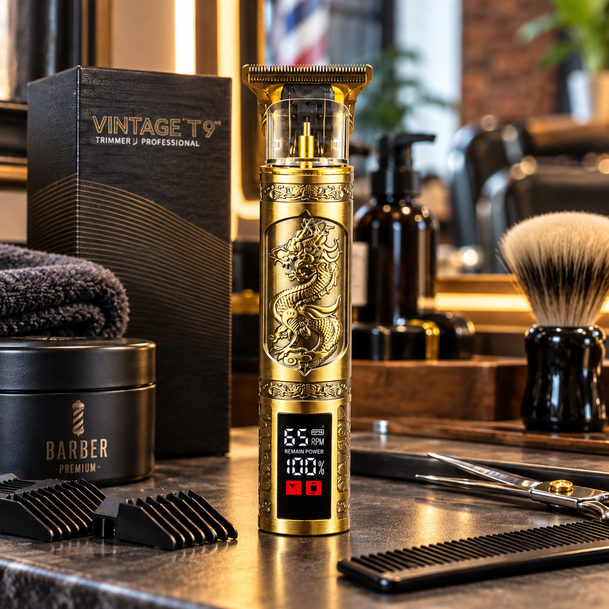 Máquina Patillera Profesional Vintage T9 Recargable – Diseño Dragón Dorado