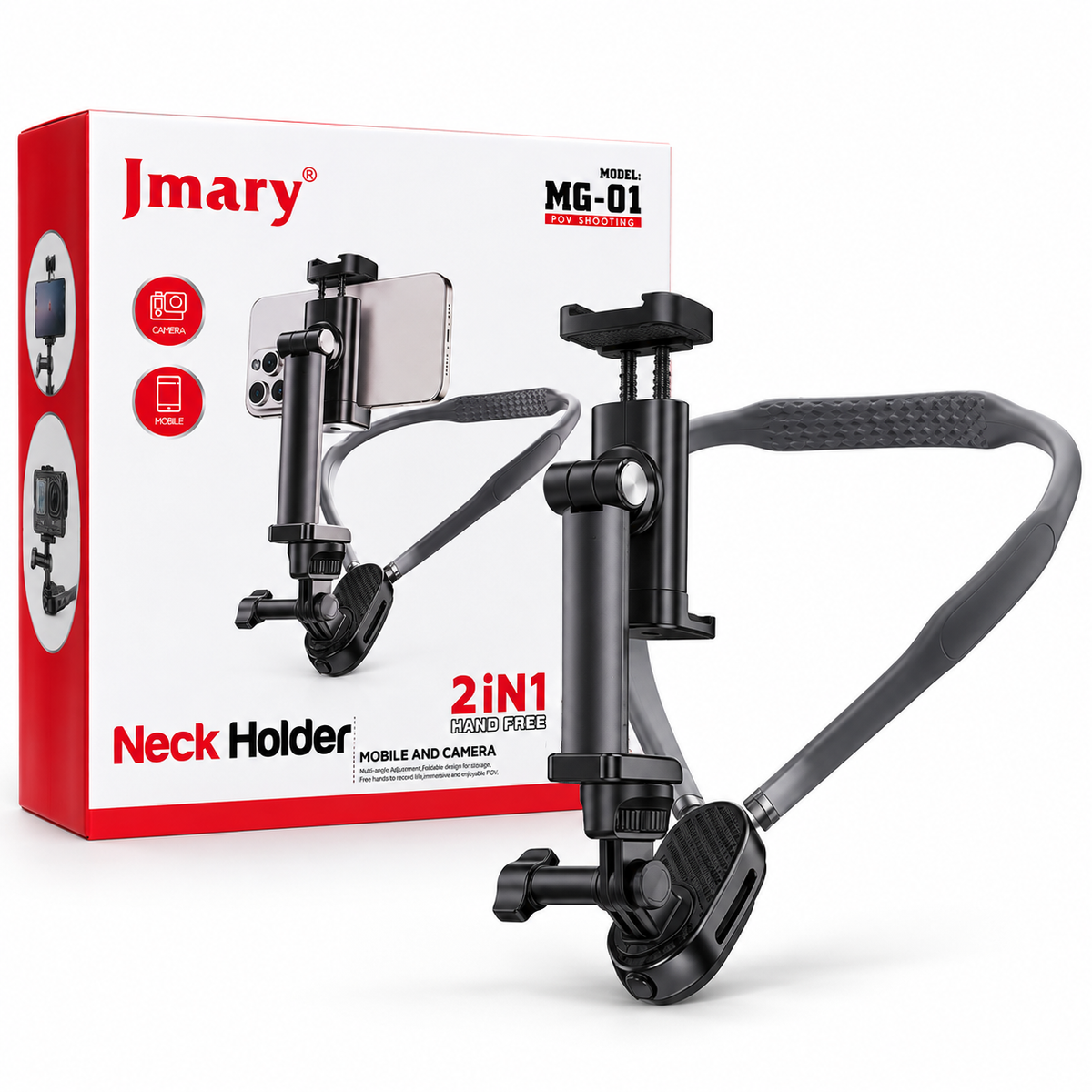 Soporte de Cuello Jmary MG-01 2 en 1 para Celular y Cámara – Grabación Manos Libres