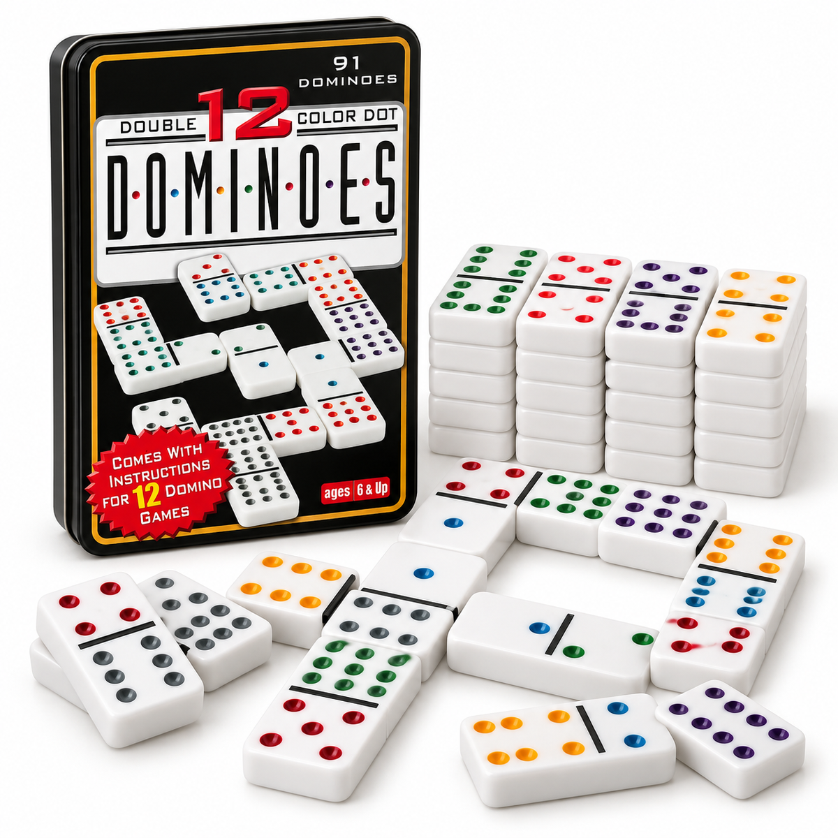 Juego de Dominó Doble 12 de 91 Fichas con Puntos de Colores y Estuche