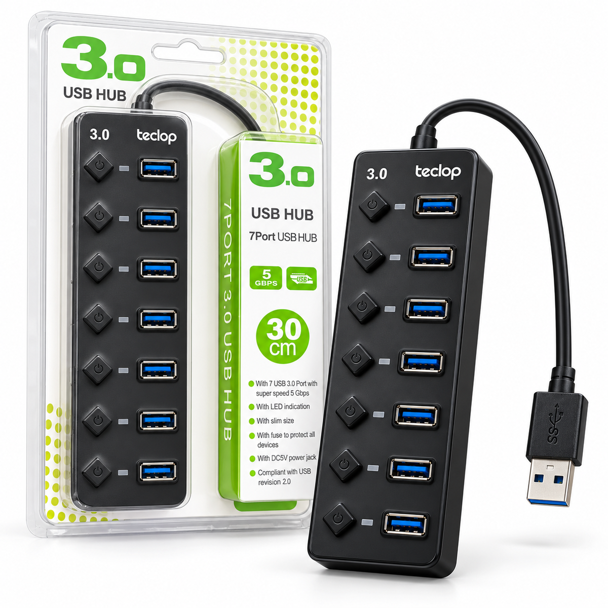 Hub USB 3.0 de 7 Puertos con Interruptores Individuales y LED