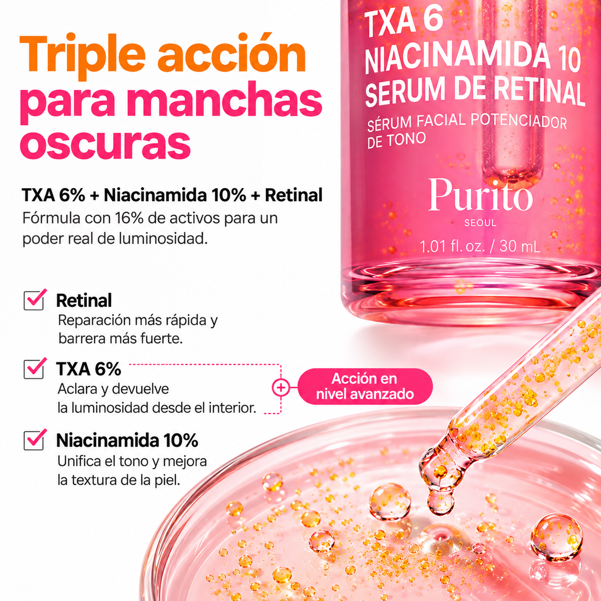 PURITO SEOUL TXA 6 Niacinamide 10 Retinal Serum 30 ml – Sérum Facial Antimanchas y Renovador